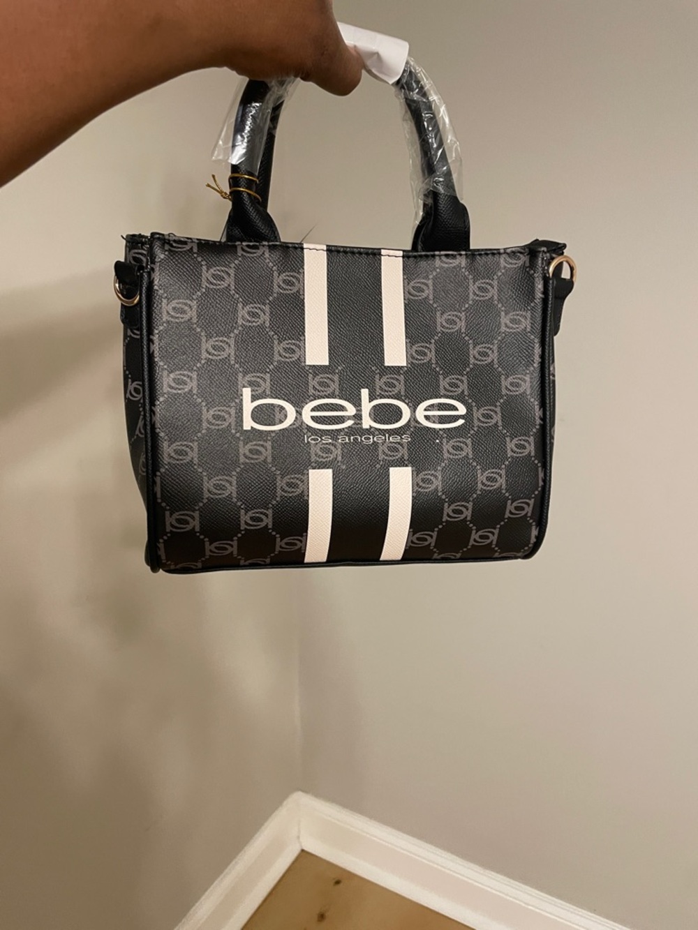 bebe Black Satchel with White Stripe Logo